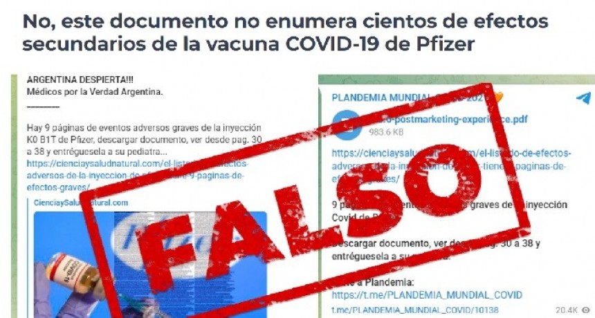 Alertan por la difusión de noticias falsas sobre la vacuna Pfizer